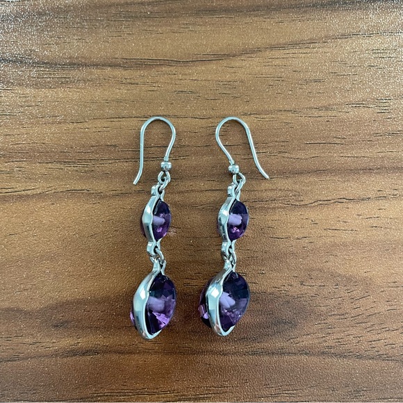 New Amethyst double gem stone drop Silver Earrings 💖 - Picture 3 of 10